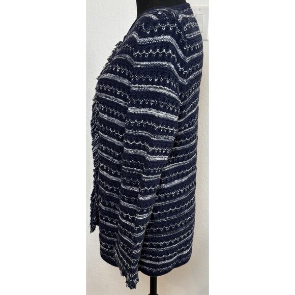 Chico’s Navy and White Cardigan Sweater Fringe Trim Open Front Size 0 (Small) - Picture 2 of 4